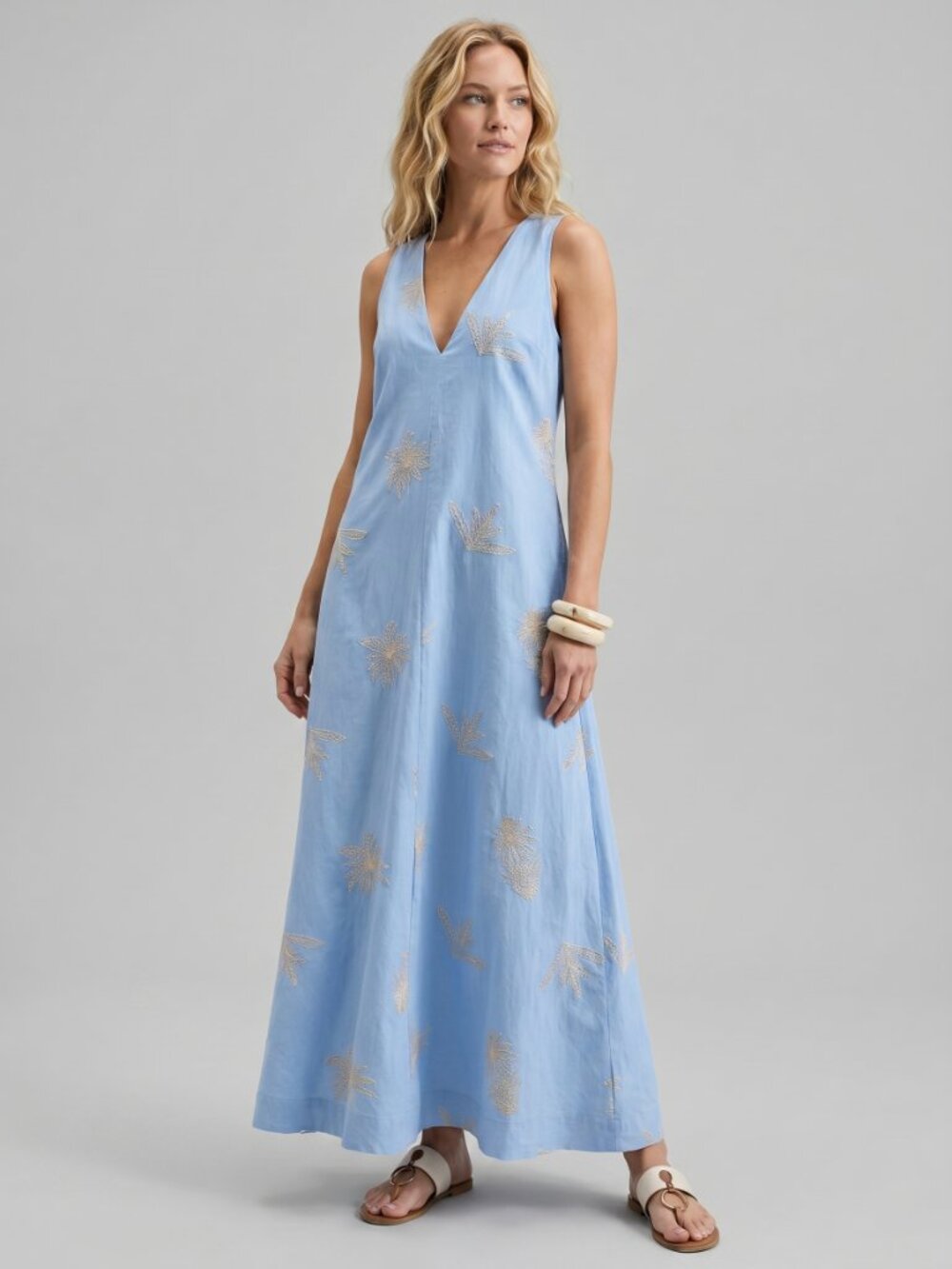 Women Cotton Embroidered V Neck Maxi Dress Sleeveless Floral Jacquard